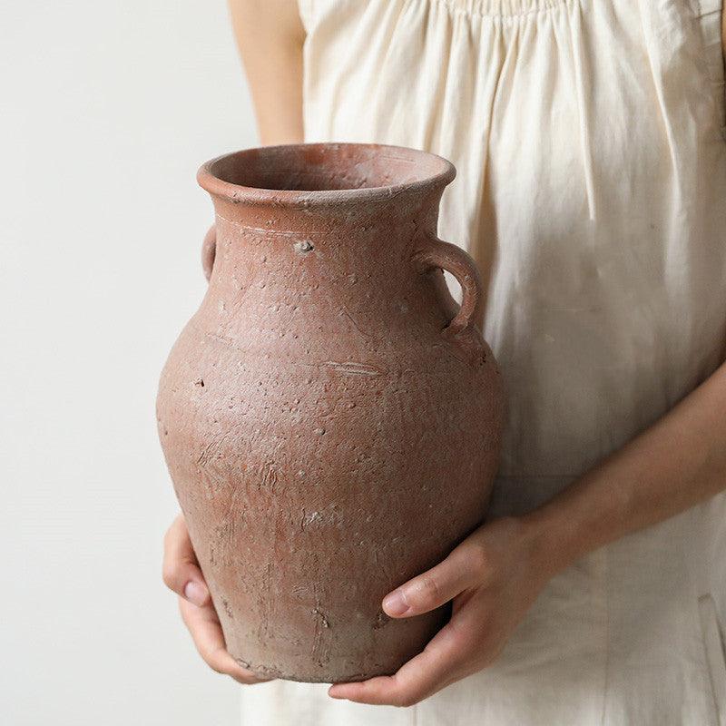 Artisanal Vintage Stoneware Vase - Handmade Red Clay Decorative Pot