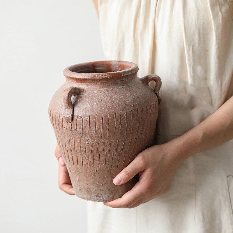 Artisanal Vintage Stoneware Vase - Handmade Red Clay Decorative Pot - immagine 2